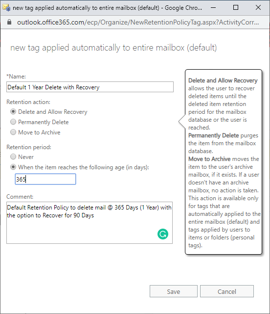 Exchange Retention Policy
Default Retention Policy
Default Policy Tag
DPT